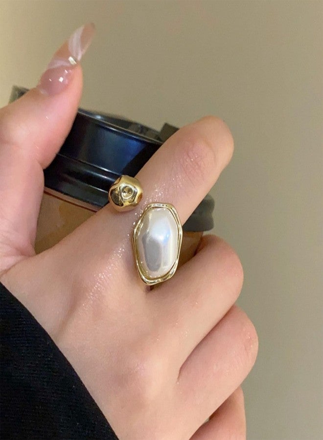 GLMOCM Baroque Pearl Ring for Women Irregular Pearl Rings Gold Statement Ring Adjustable Chunky Pearl Ring for Women Holiday Wedding Jewelry (Gold and pearl) - Image 3